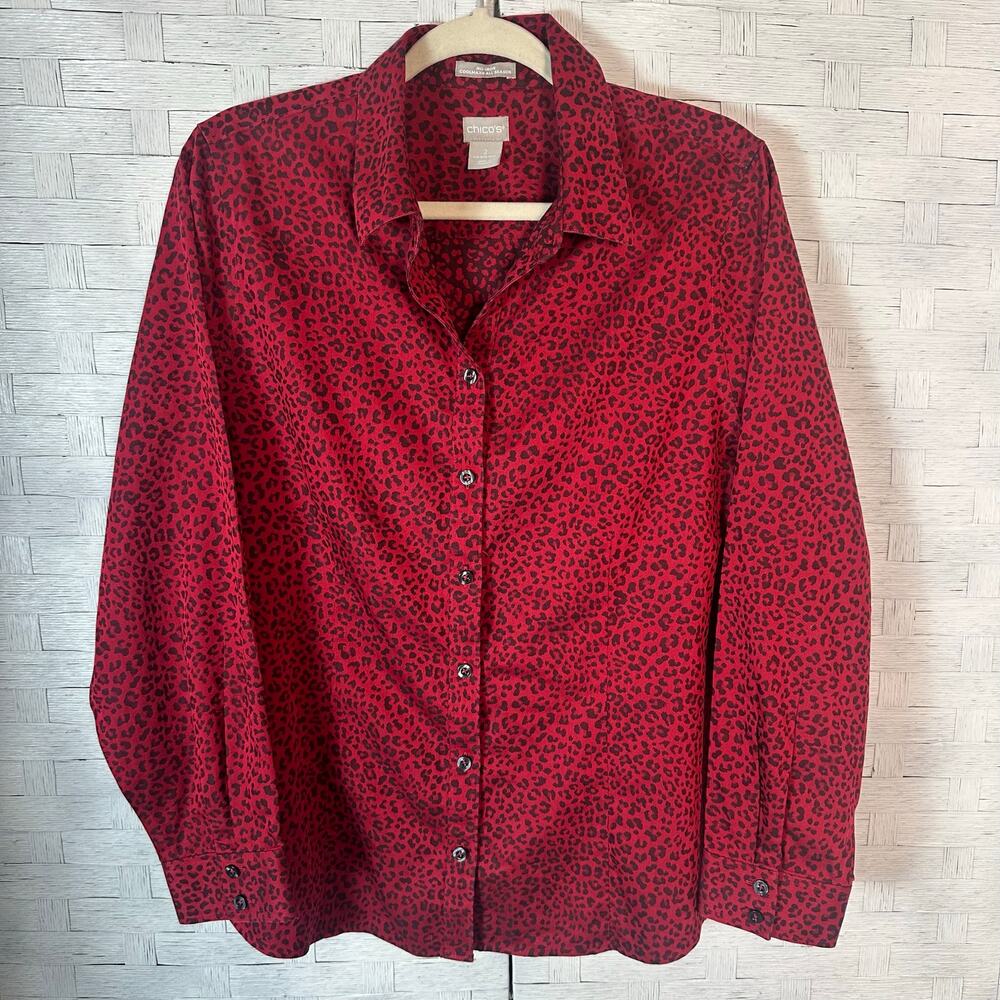 Chico's women's blouse button up red cheetah print animal print electric grandma